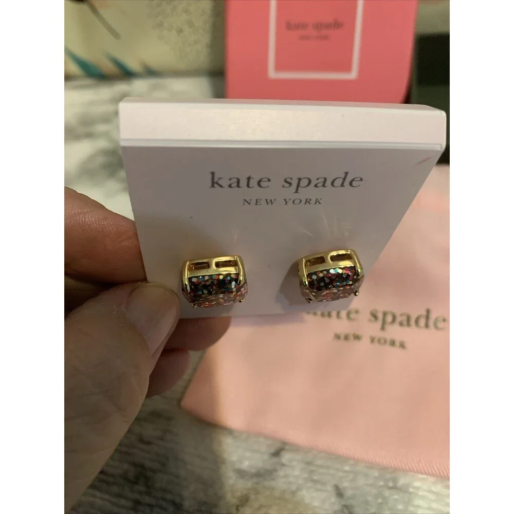 New Kate Spade Rose Gold Square Glitter  Stud Earrings With Box & Dust Bag